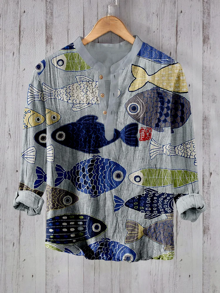 Vintage Fish Japanese Art Linen Blend Casual Shirt