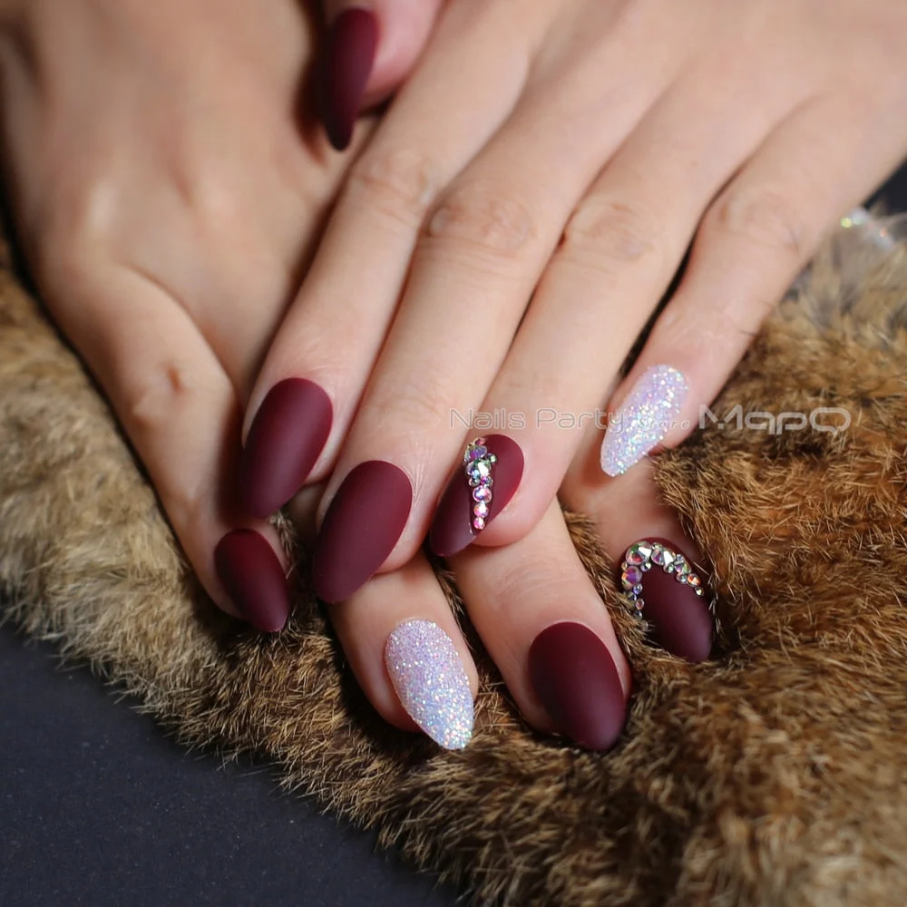 Matte flash art nails box Match press on nails Burgundy AB rhinestone fasle nails stiletto with adhesive tabs select-Nail Inspo