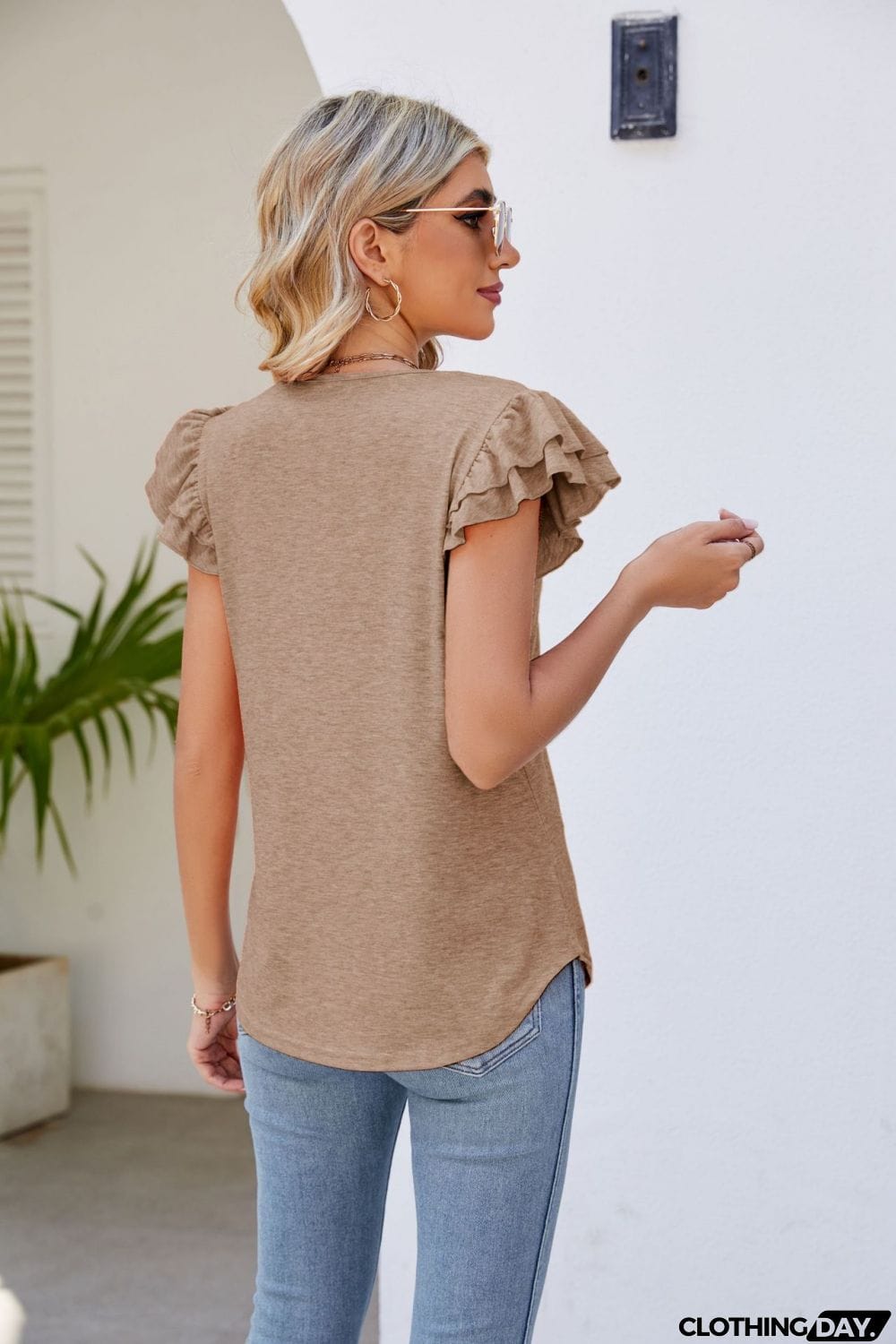Smocked Flutter Sleeve V-Neck Top