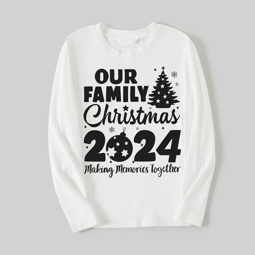 'Our Family Chirstmas 2024 Making Memories Together' Letter Print (Black) White Long Sleeve with Black&Red Plaid Pants Family Matching Pajamas