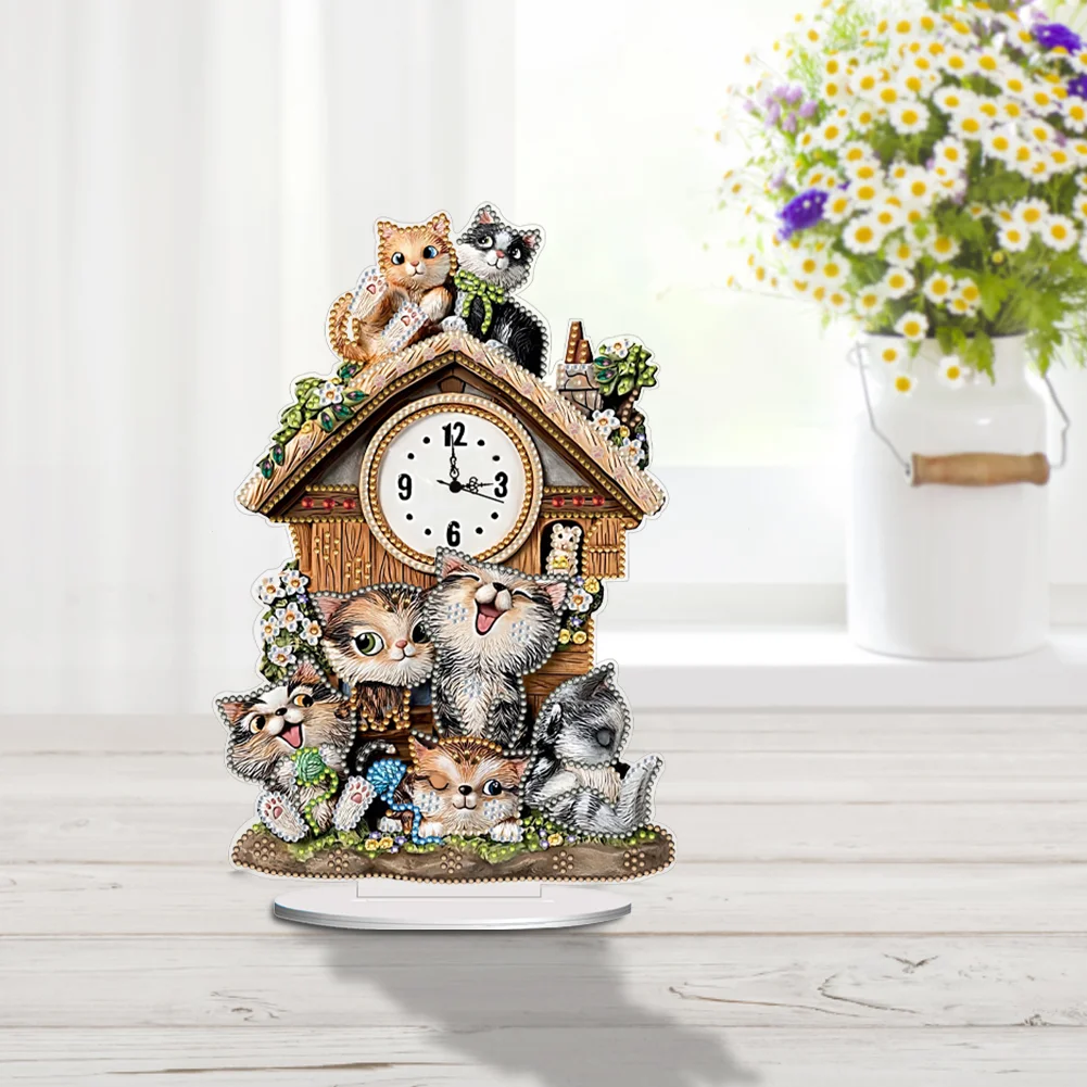 DIY Cat Hut Acrylic Special Shaped 5D Diamond Painting Clock Art Craft