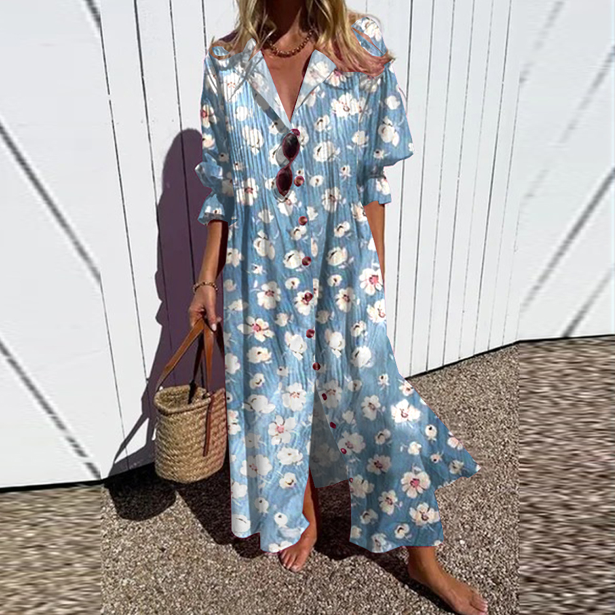 Light Blue 3/4 Sleeve Maxi Dress