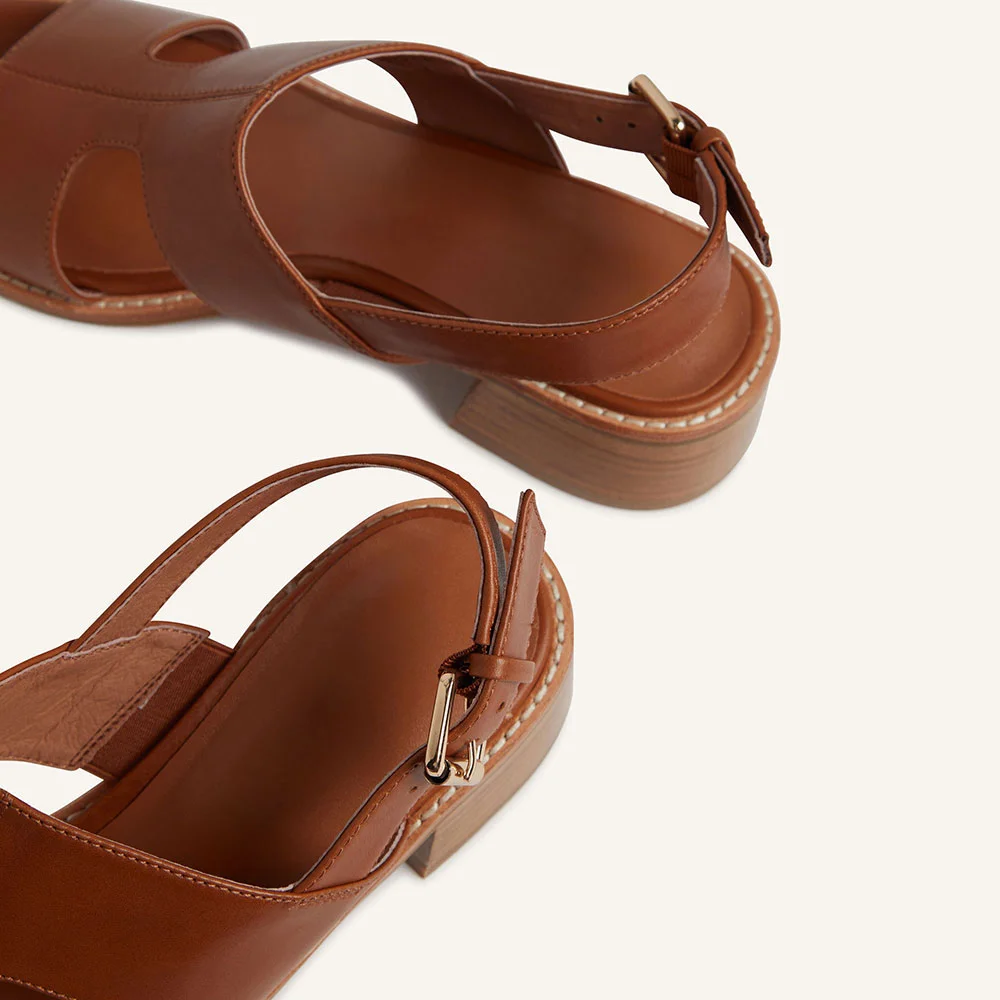 YDN Simple Brown Open Toe Slingback Stacked Heeled Sandals