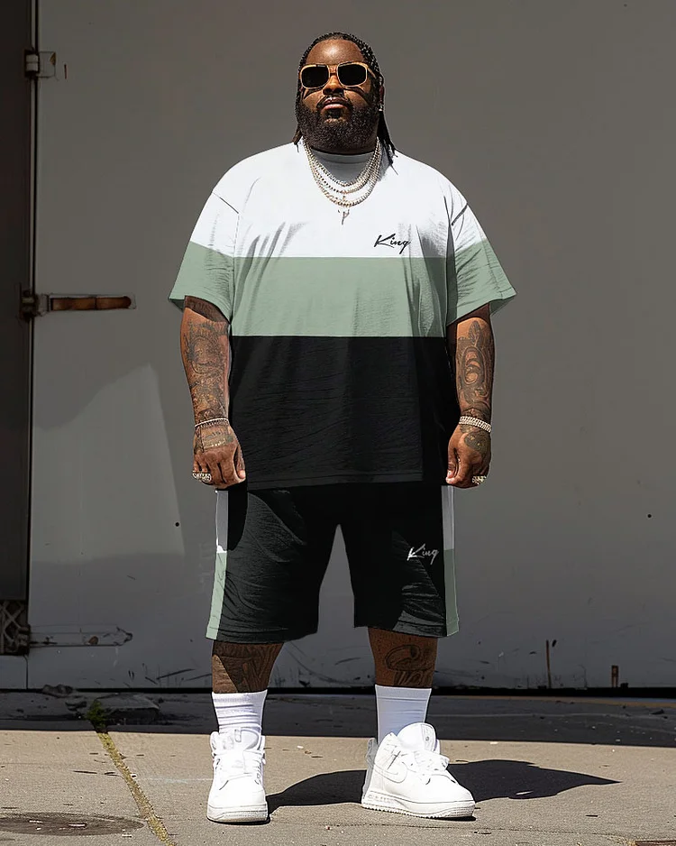 Men's Plus Size Casual Simple Color-block King Alphabet Print T-shirt Shorts Suit