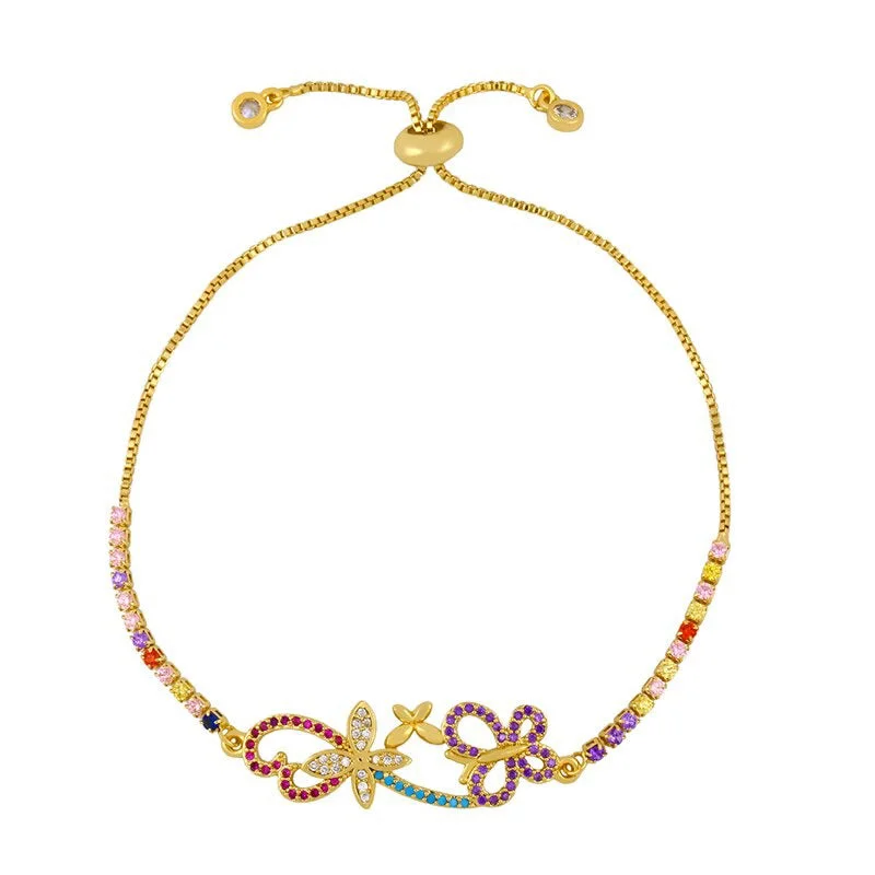 Colorful Zircon Bejeweled Butterfly Charm Adjustable Bracelets