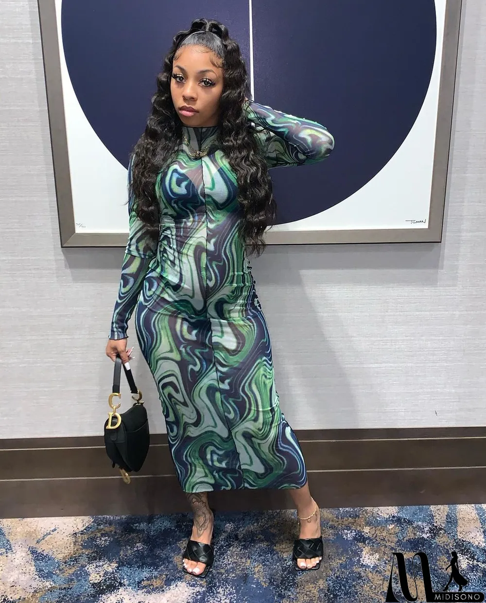 MidiSono - Fashion Net Yarn Print Dress