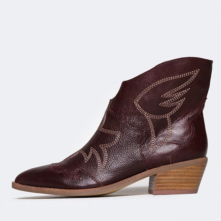 Maroon Slip-on Western Boots Low Heel Fashion Booties for Women