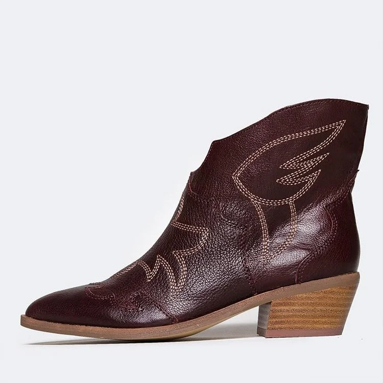 Maroon Slip-on Western Boots Low Heel Fashion Booties for Women |FSJ Shoes