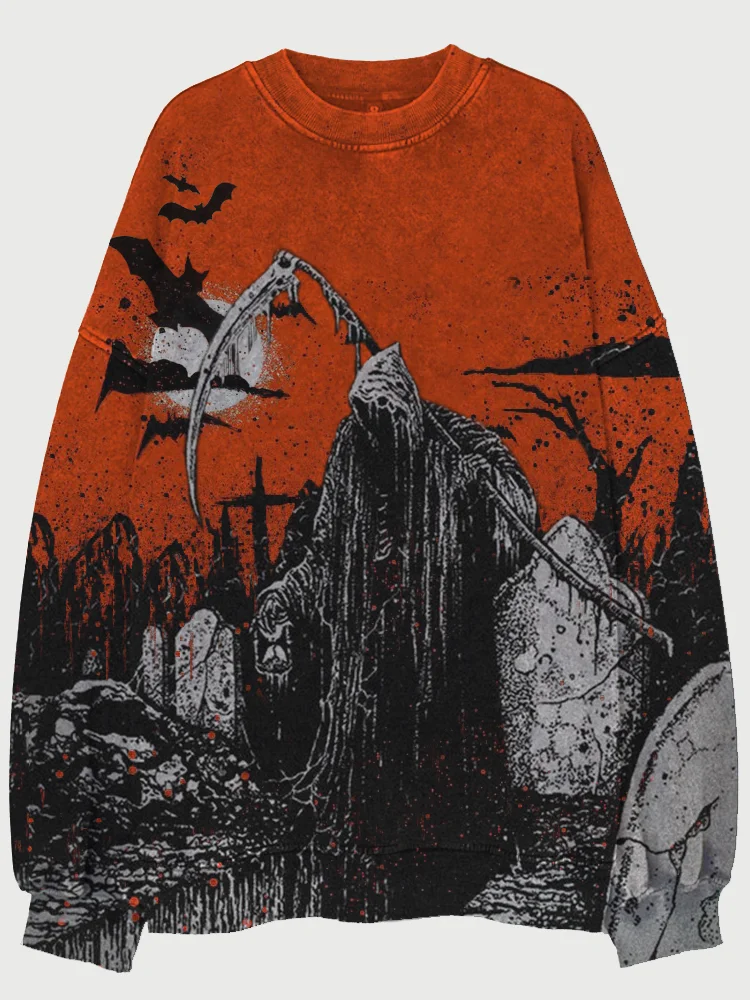 Broswear Halloween Death And Bats Pattern Washed Sweatshirt
