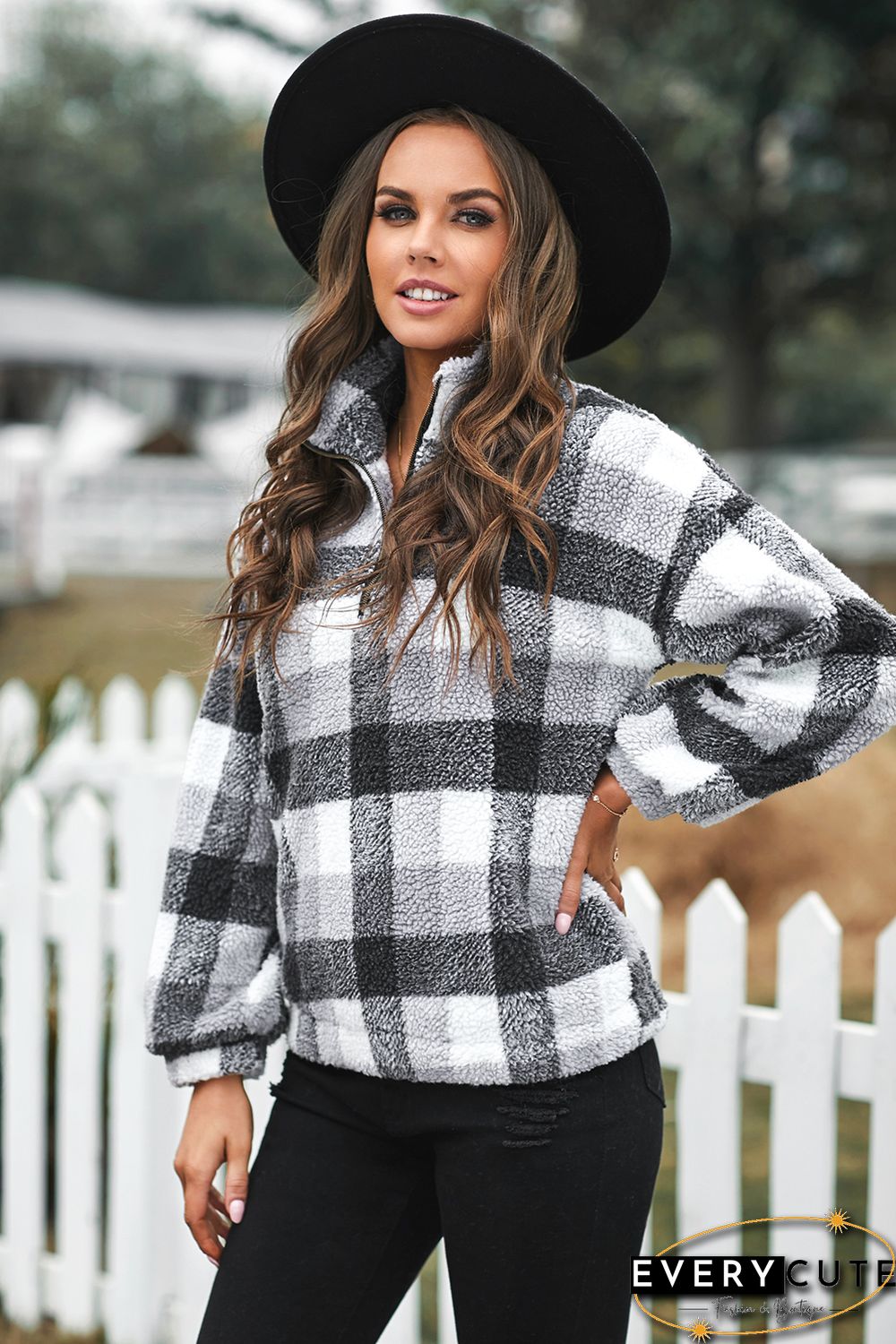 White Plaid Zipper Stand Collar Sherpa Pullover Sweatshirt