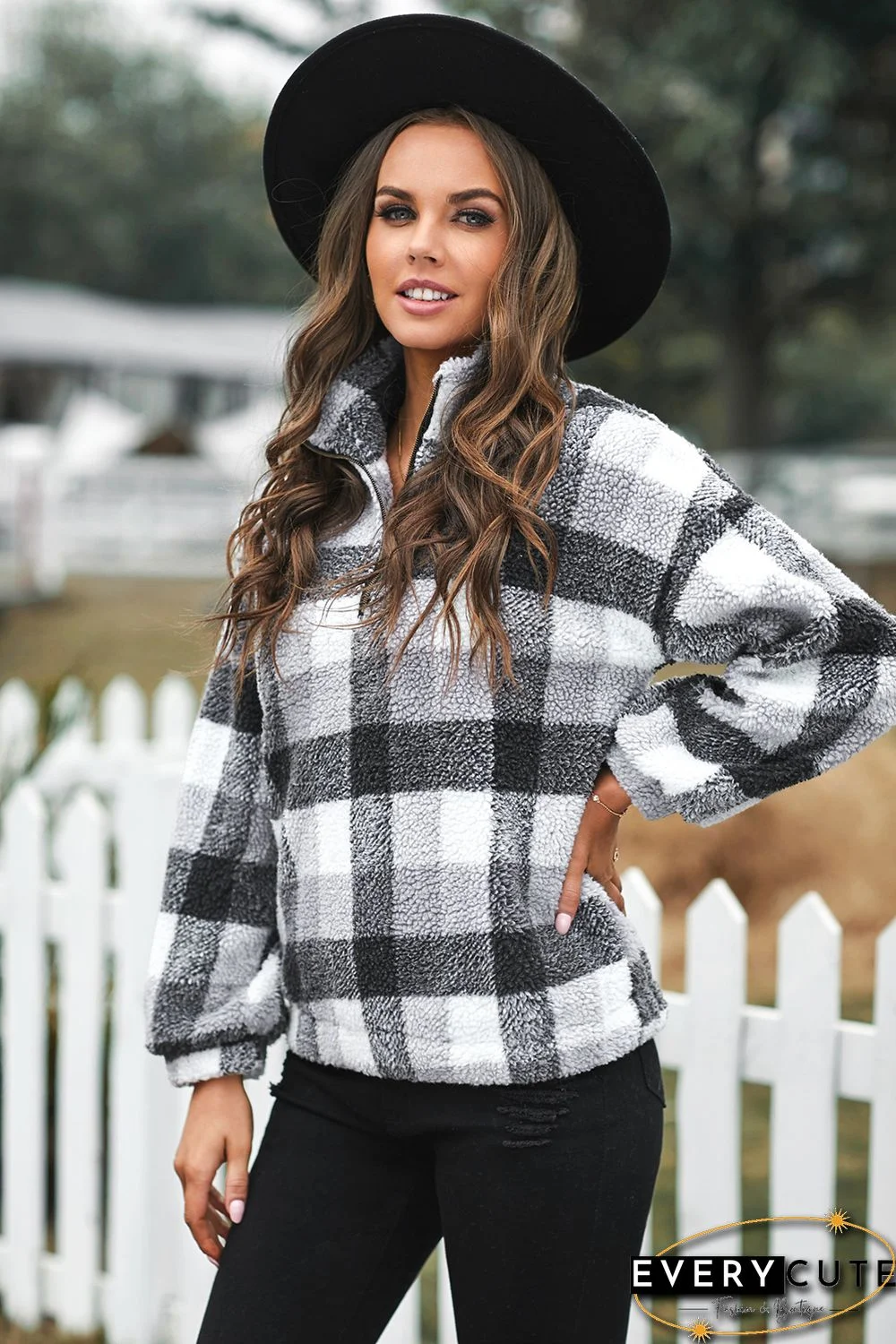 White Plaid Zipper Stand Collar Sherpa Pullover Sweatshirt