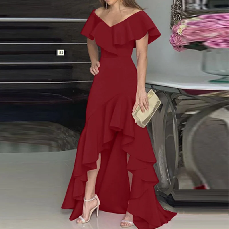 Burgundy Lantern Sleeve Asymmetric Ruffle Hem Prom Dress