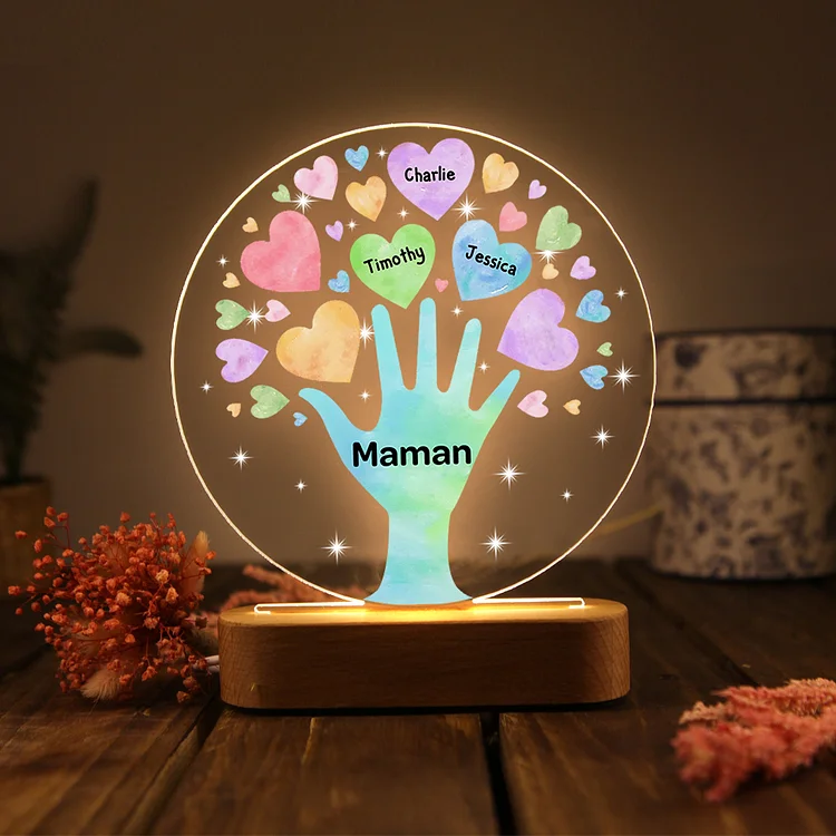 À Maman/Mamie - Lampe de chevet LED Lumières Cœur 3 Prénoms Personnalisés avec 1 Texte pour Famille Jessemade FR