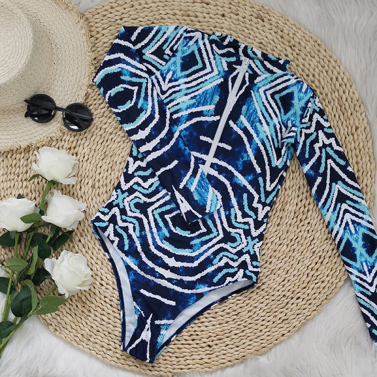 Flaxmaker Long Sleeve Geometric Print Zipper Surf Swimsuit