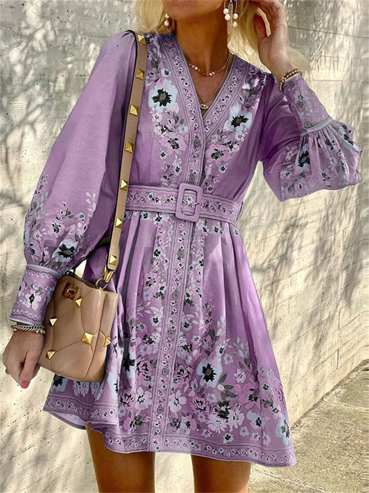 Long Sleeve V-Neck Loose Print Bohemian Dress