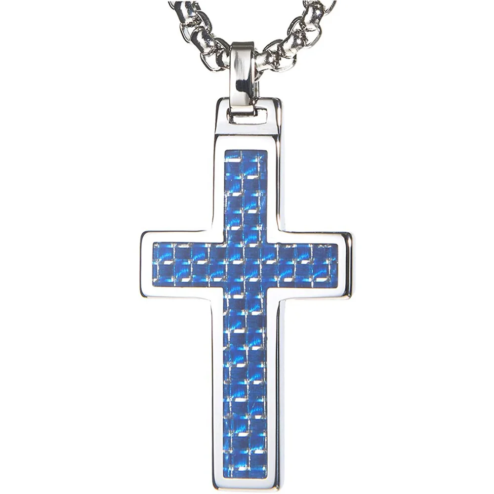 Women's Or Men's Unique Tungsten Cross Pendant. 4mm Wide Surgical Stainless Steel Box Chain. Blue Carbon Fiber Inlay. Necklace Jewelry Gifts For Mens And Womens