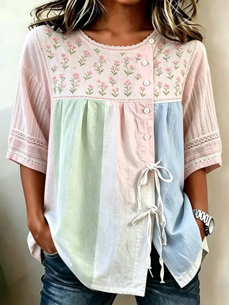 Women's Pink Floral And Lace Art Splicing Blended Cotton Linen Casual Round Neck Tie Top