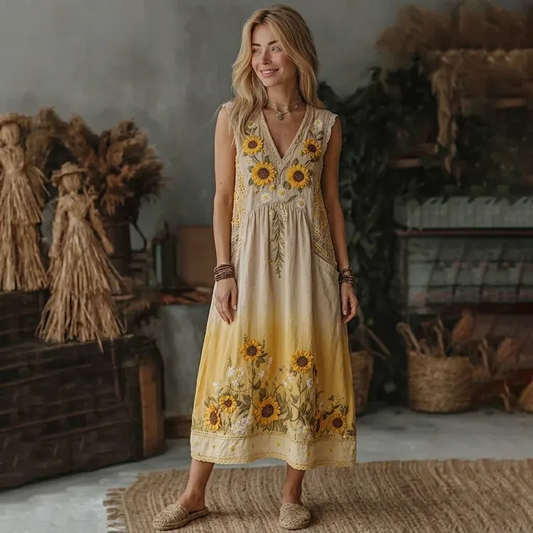 🌻 Women's Sunflower Embroidered Ombre Boho Midi Dress 