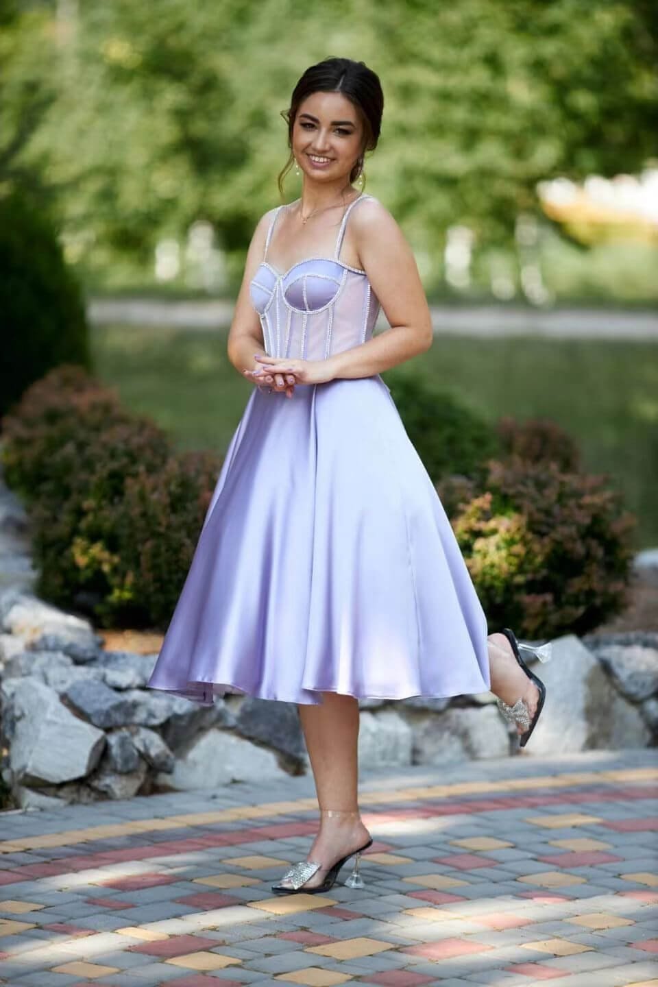 Lilac Sleeveless Spaghetti-Straps Tea Length Evening Dress With Beads | Ballbellas Ballbellas