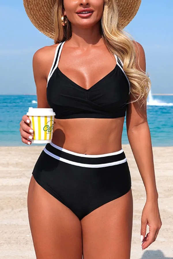 Stylish Color-blocked Striped High-waisted Two-piece Stretch Bikini Swimsuit
