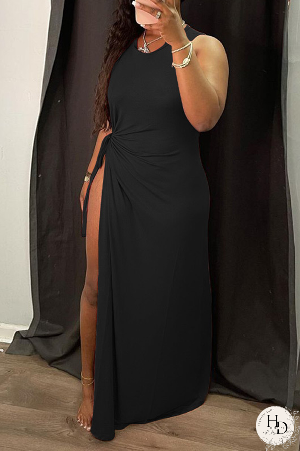 Black Sexy Solid High Opening O Neck Irregular Dress Dresses