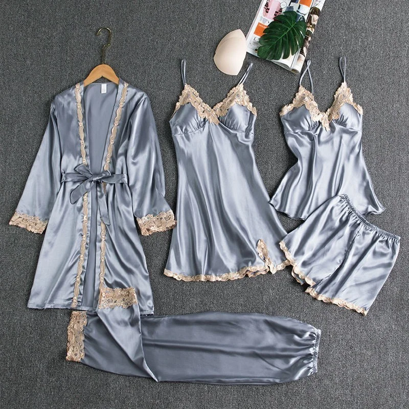 Uveng Uveng Pajamas With Thoracic Silk Sexy Slings Gold Five-Piece Set Of Pajamas Thin Homewear