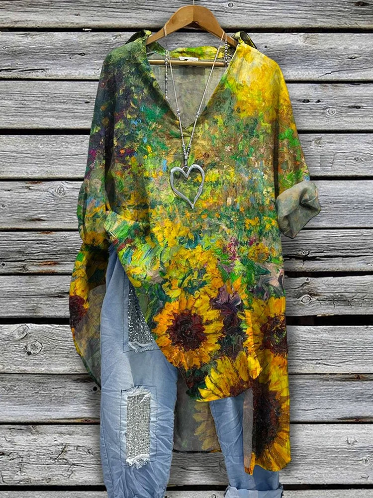 Women's Sunflowers Painting Art Print Casual Cotton And Linen Shirtdress