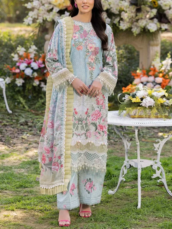 Round Neck Lace Flower Embroidery Top And Pants Suit