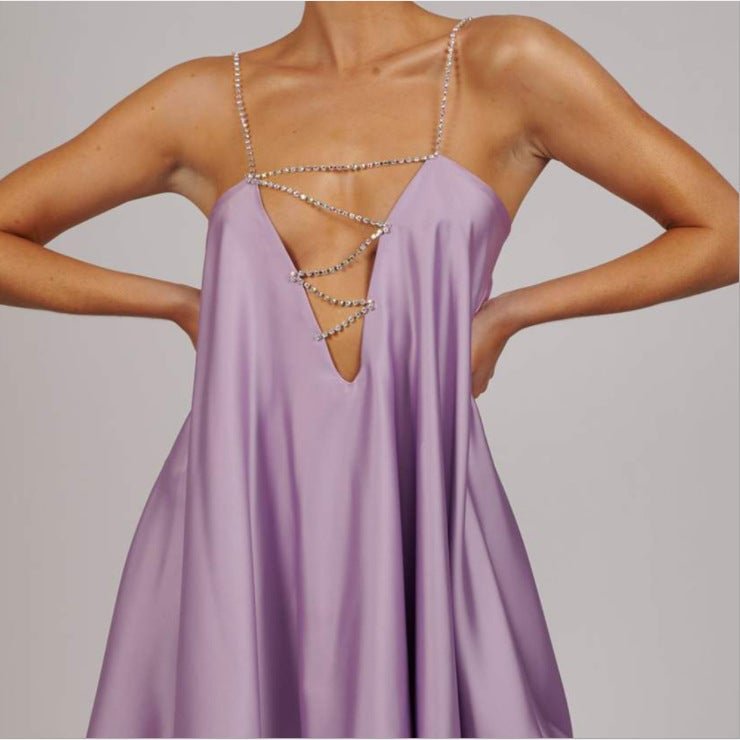 New Loose Suspender Sexy V-neck Backless Satin Dress | EGEMISS