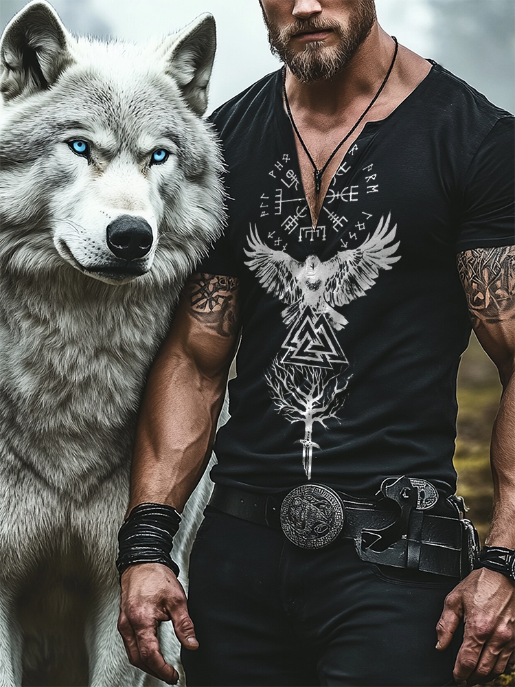Viking Divine Magic Raven Totem Casual Henley Shirt / Rvogue / Rvogue