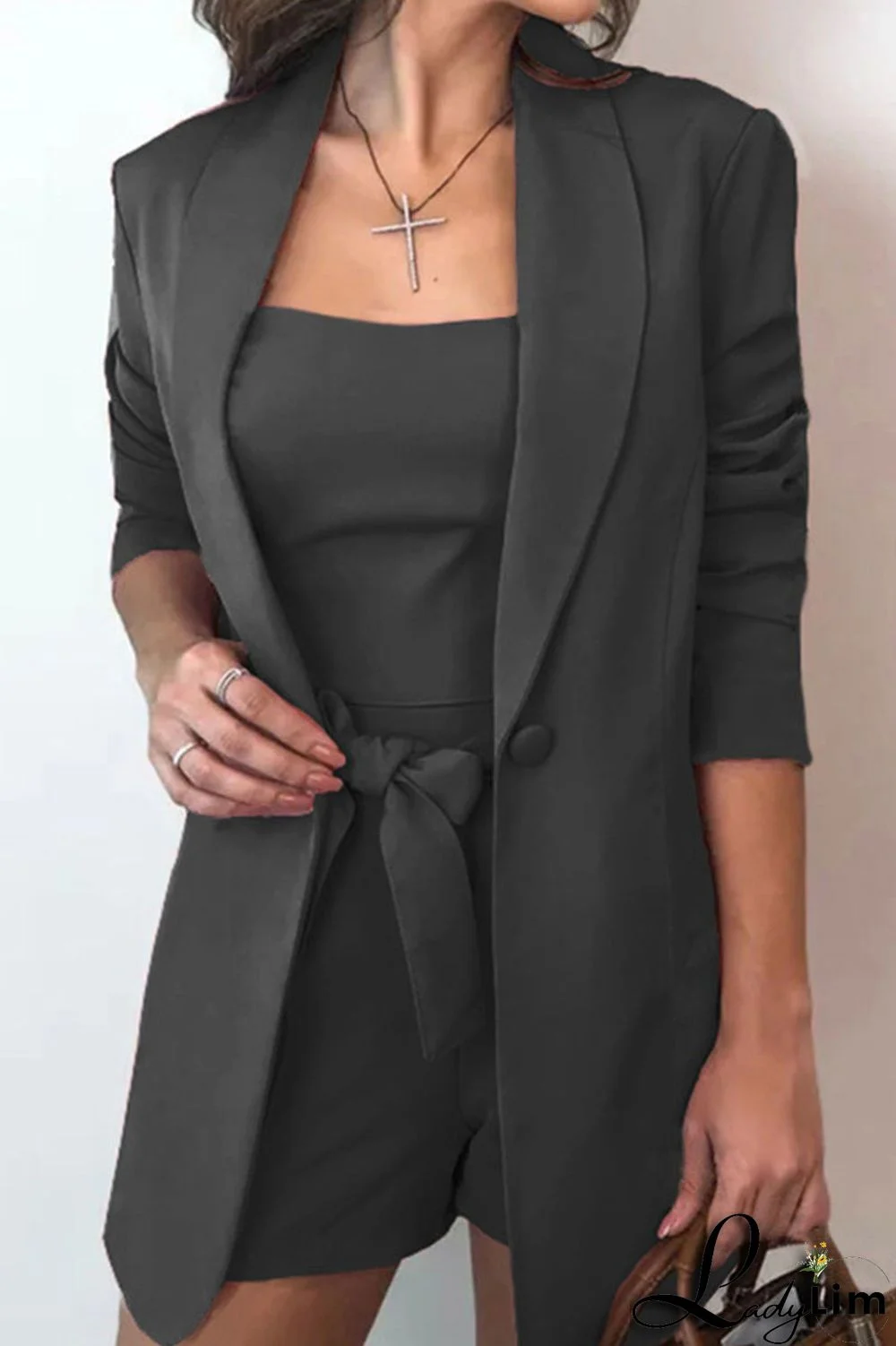 Black Casual Solid Split Joint Buttons Turn-back Collar Long Sleeve Four Pieces