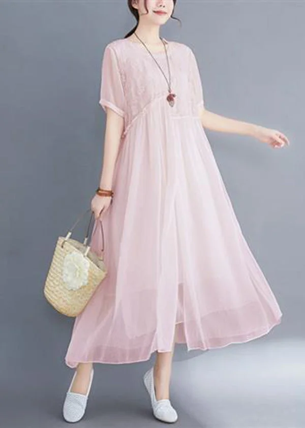 DIY Pink Embroideried Exra Large Hem Cotton Long Dress Summer