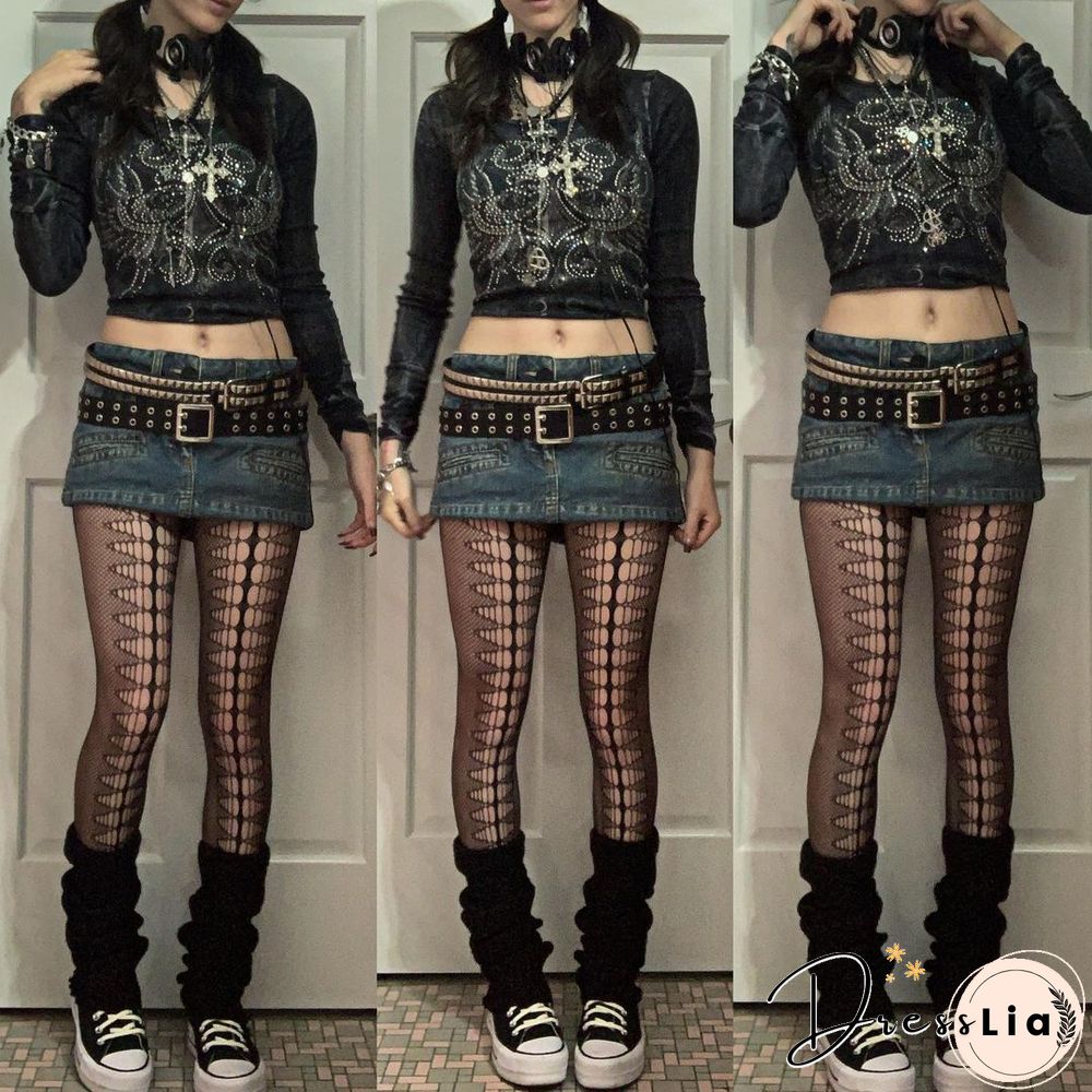 Retro Hot Rhinestone Print Long Sleeve Shirt