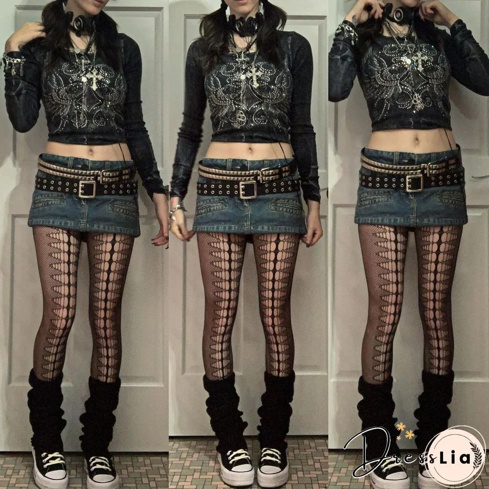 Retro Hot Rhinestone Print Long Sleeve Shirt