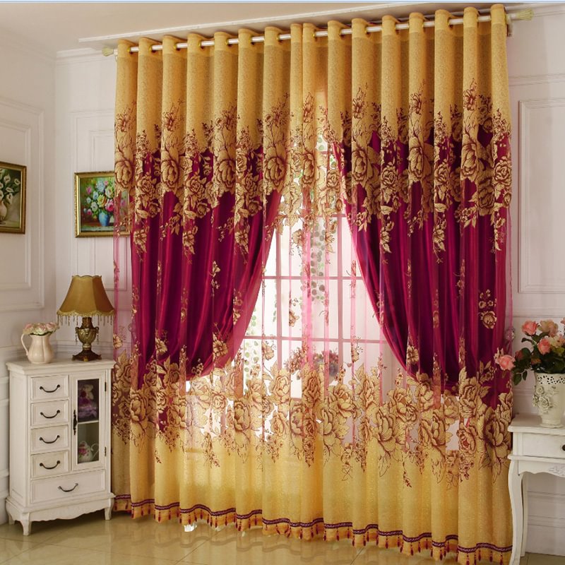 Classical Burgundy Blackout Curtains Gilding Carving Sheer and Solid ...