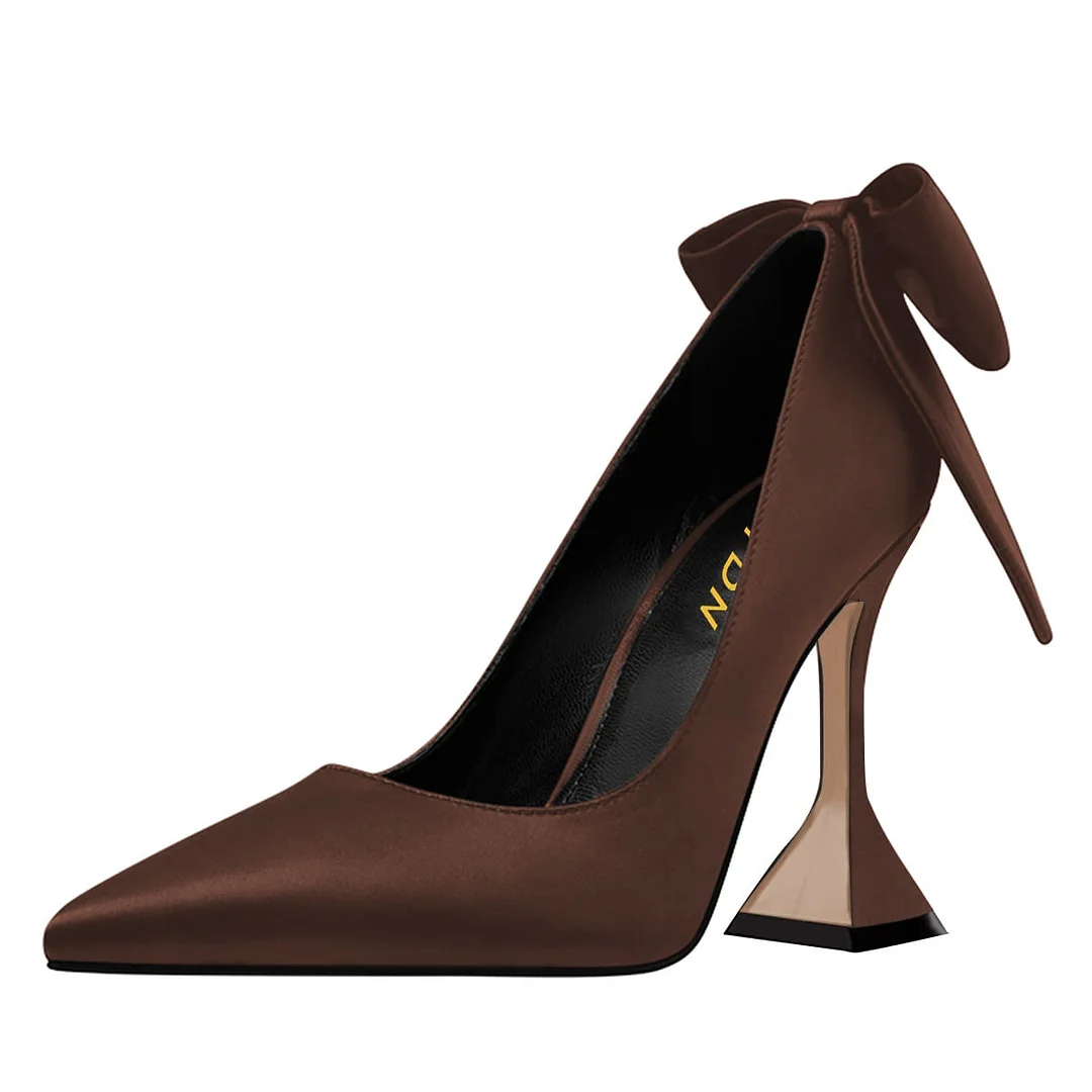 Satin Pointed Toe Flared Heel Pearl Bow Accent Pumps Shoes in Brown