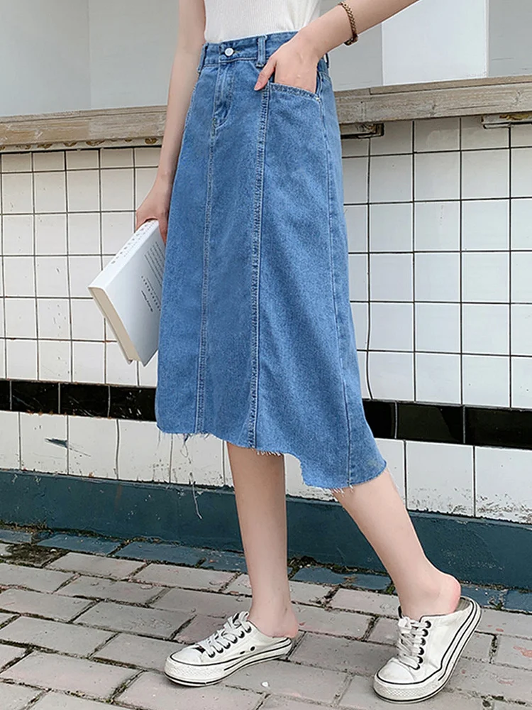 Fashion casual temperament slim A-line mid-length denim skirt