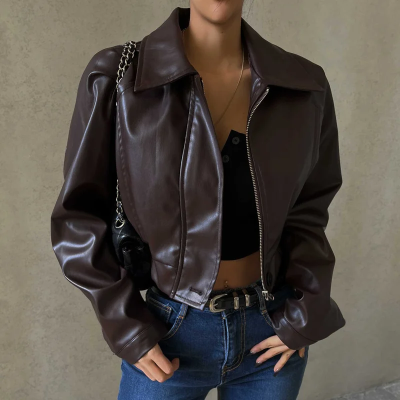 Uveng Uveng Women's Fall 2023 New Vintage Temperament Lapel Zipper PU Leather Casual Jacket Coat