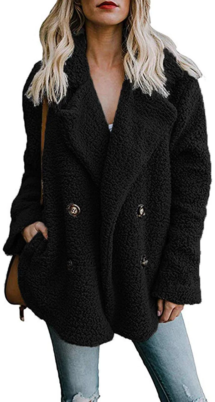 Women's Winter Warm Open Front Fleece Fluffy Jacket Coat Outwear with Pockets