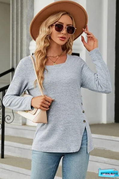 Slit Decorative Button Square Neck T-Shirt