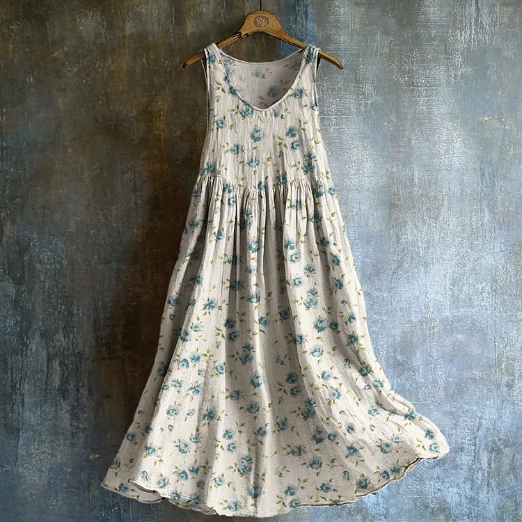Vintage Cottagecore Blue Floral Linen Tank Dress
