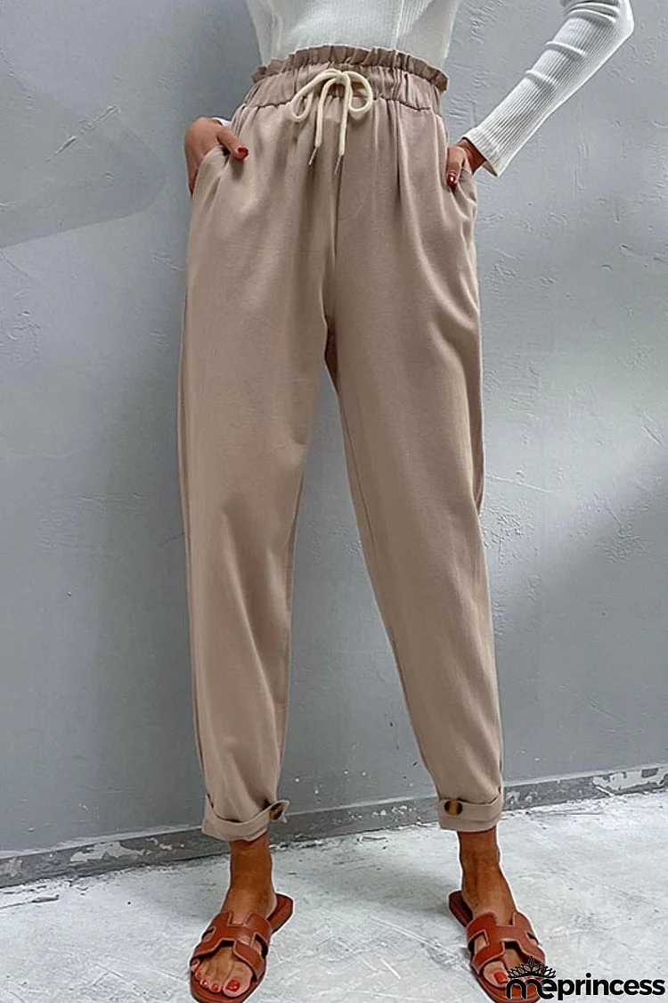 Drawstring Paperbag Waist Button Detail Pants