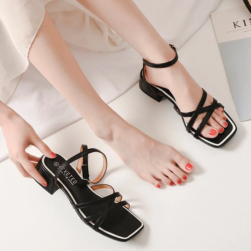 Summer 2021 women's high-heeled sandals with thin straps, thick heels, square toe, large size 41-42 elegant women's shoes