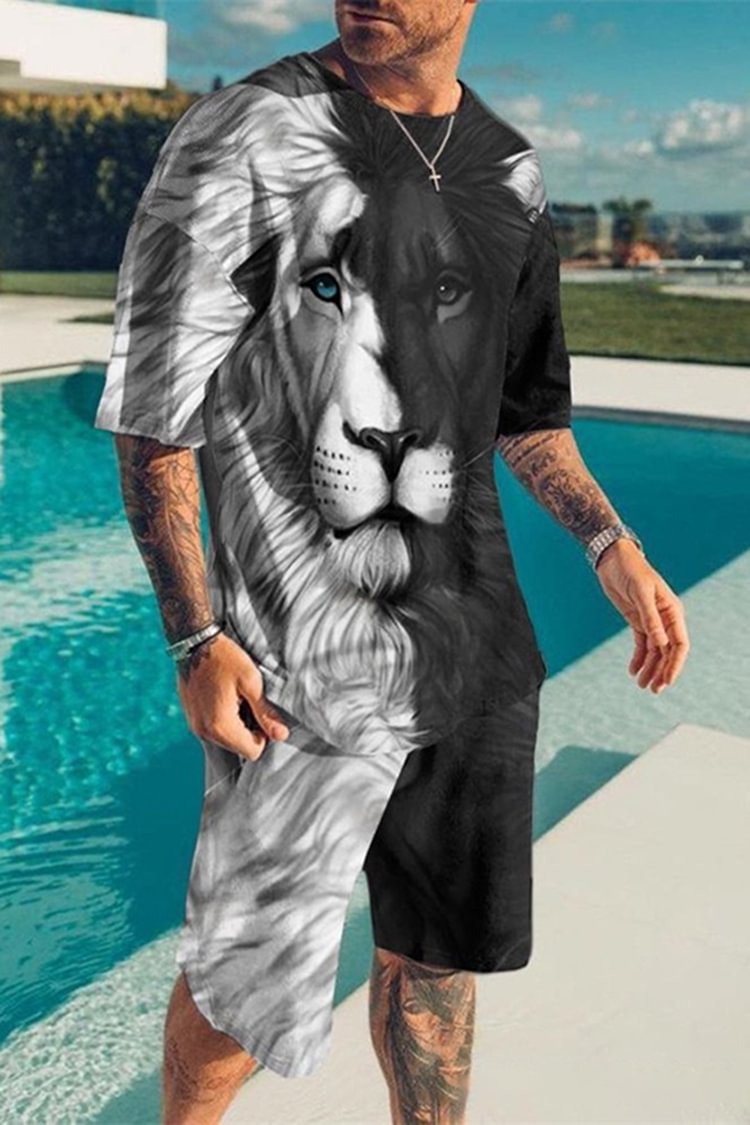 Tiboyz Outfits Black and White Lion Print T-Shirt Set