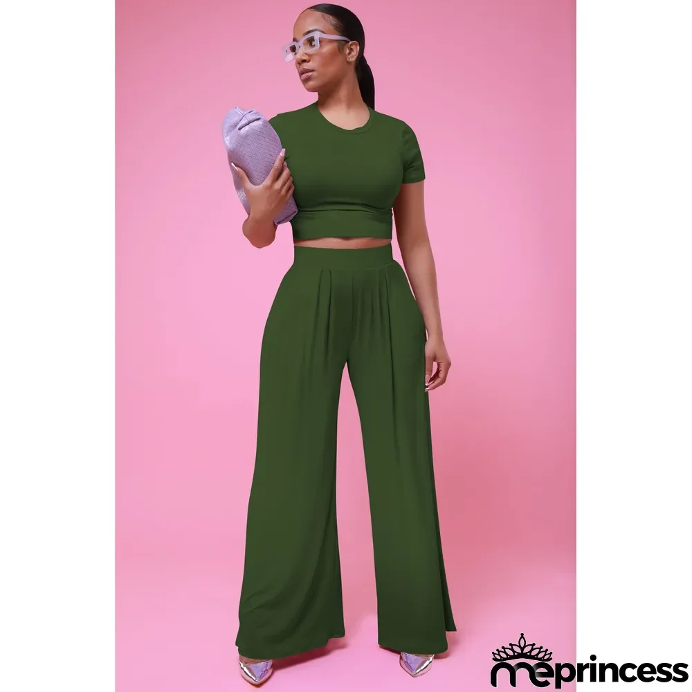 Casual Solid Short Sleeve Wide Leg Pant Two Piece Set