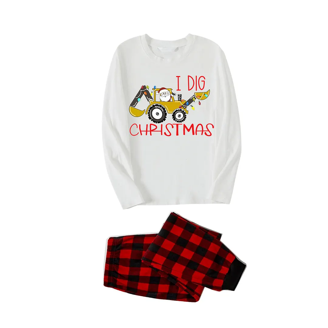 "I Dig Christmas" Cartoon Excavator Pattern White Long Sleeve with Black&Red Plaid Pants Family Matching Pajamas