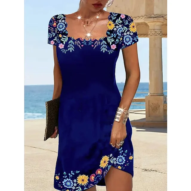 Uveng Summer Fluted Collar Printed Short-sleeved Dress Dresses