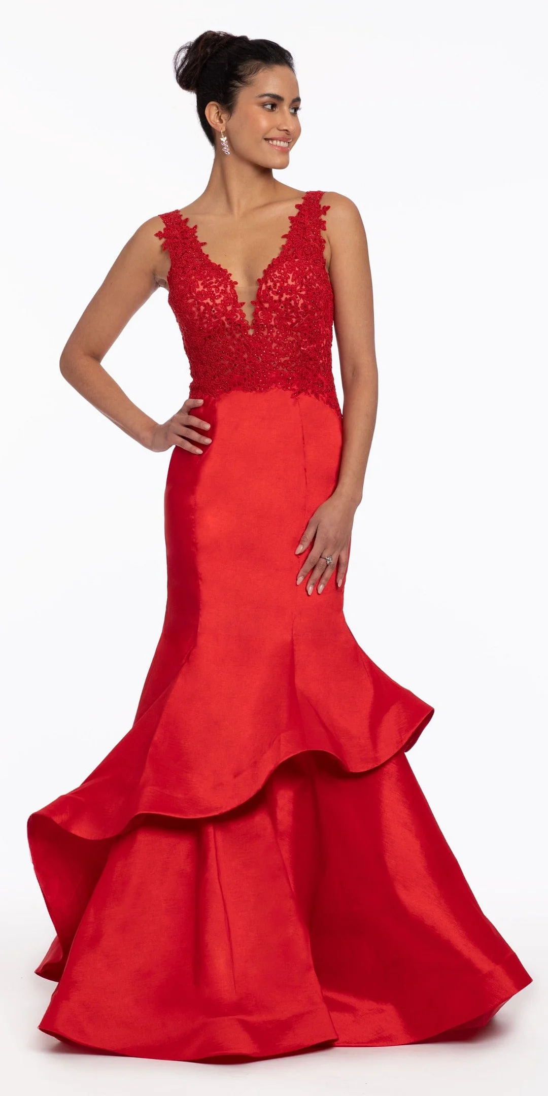 Plunging Lace Applique Taffeta Mermaid Dress