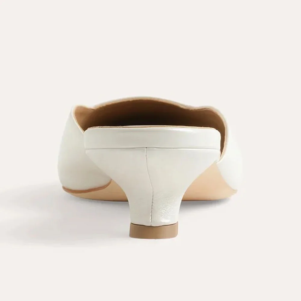 White Faux Leather Pointed Toe Square Cut Slip On Mule Kitten Heels