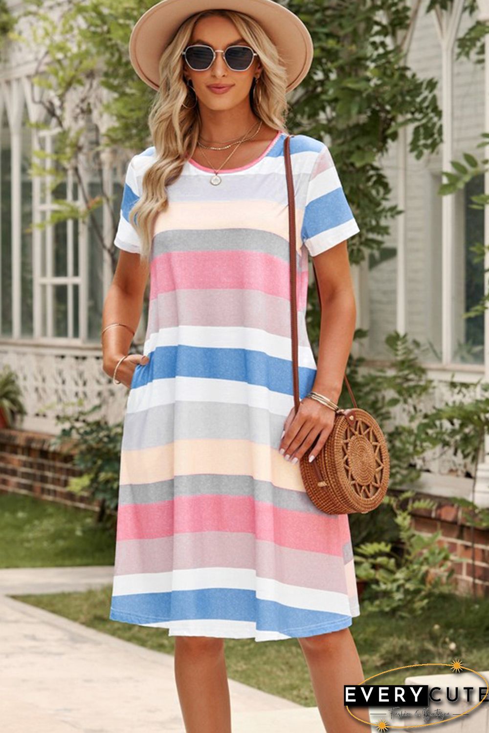 Multicolor Striped Pocket T Shirt Dress